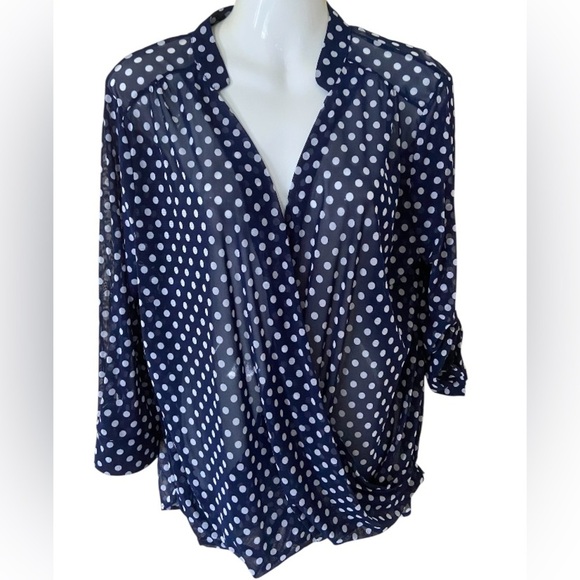 Eden&Olivia Sheer Navy Polka Dot wrap Women's Top size L, roll up sleeve - Picture 1 of 6